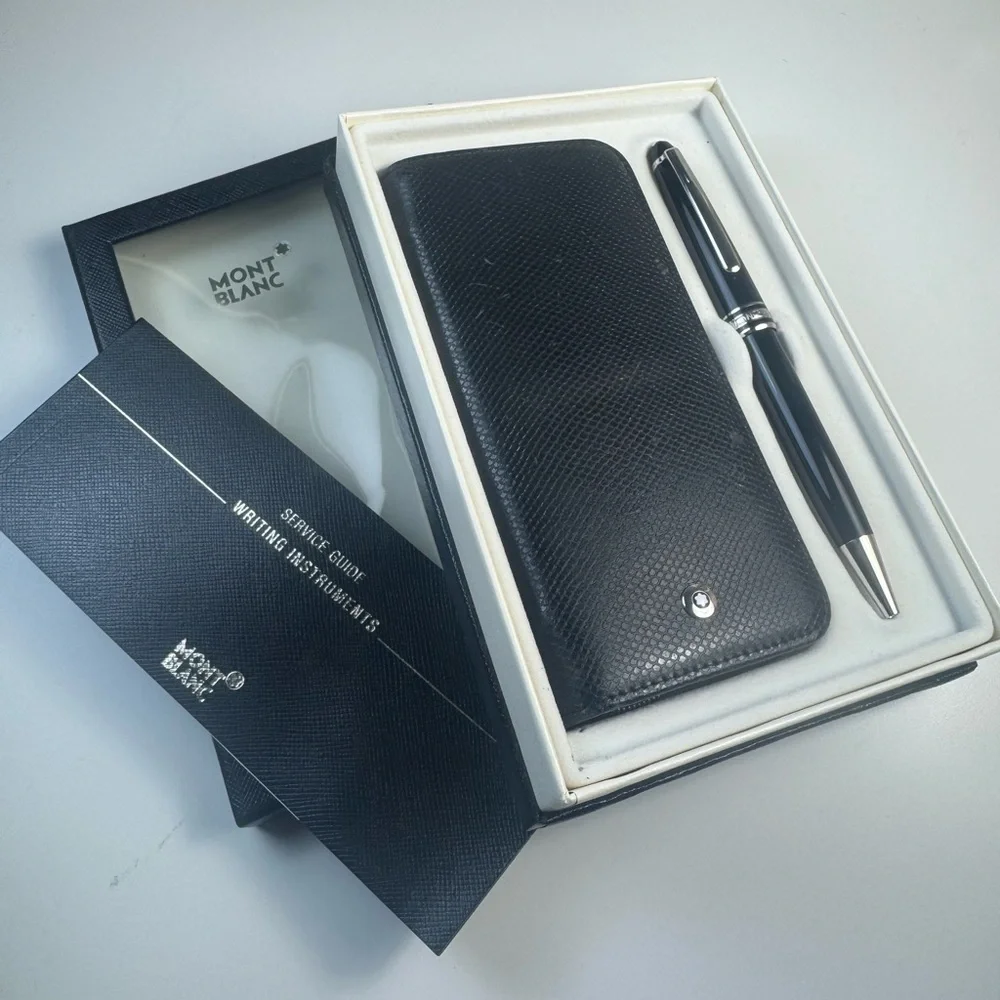 Mont Blanc Black Textured Leather Pencil Case with Black Ballpoint Pen